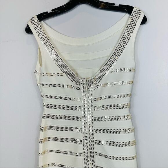 Herve Leger Fatima Gold Sequin Striped Bandage Dress White Alabaster Combo Small - Picture 9 of 16